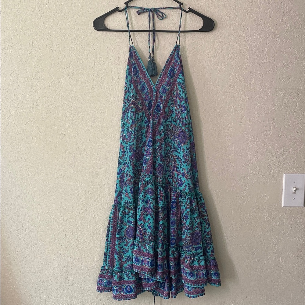 Sleeveless Teal Purple & Pink Silk Floral V-Neck Adjustable Size S M L Dress - Picture 3 of 15